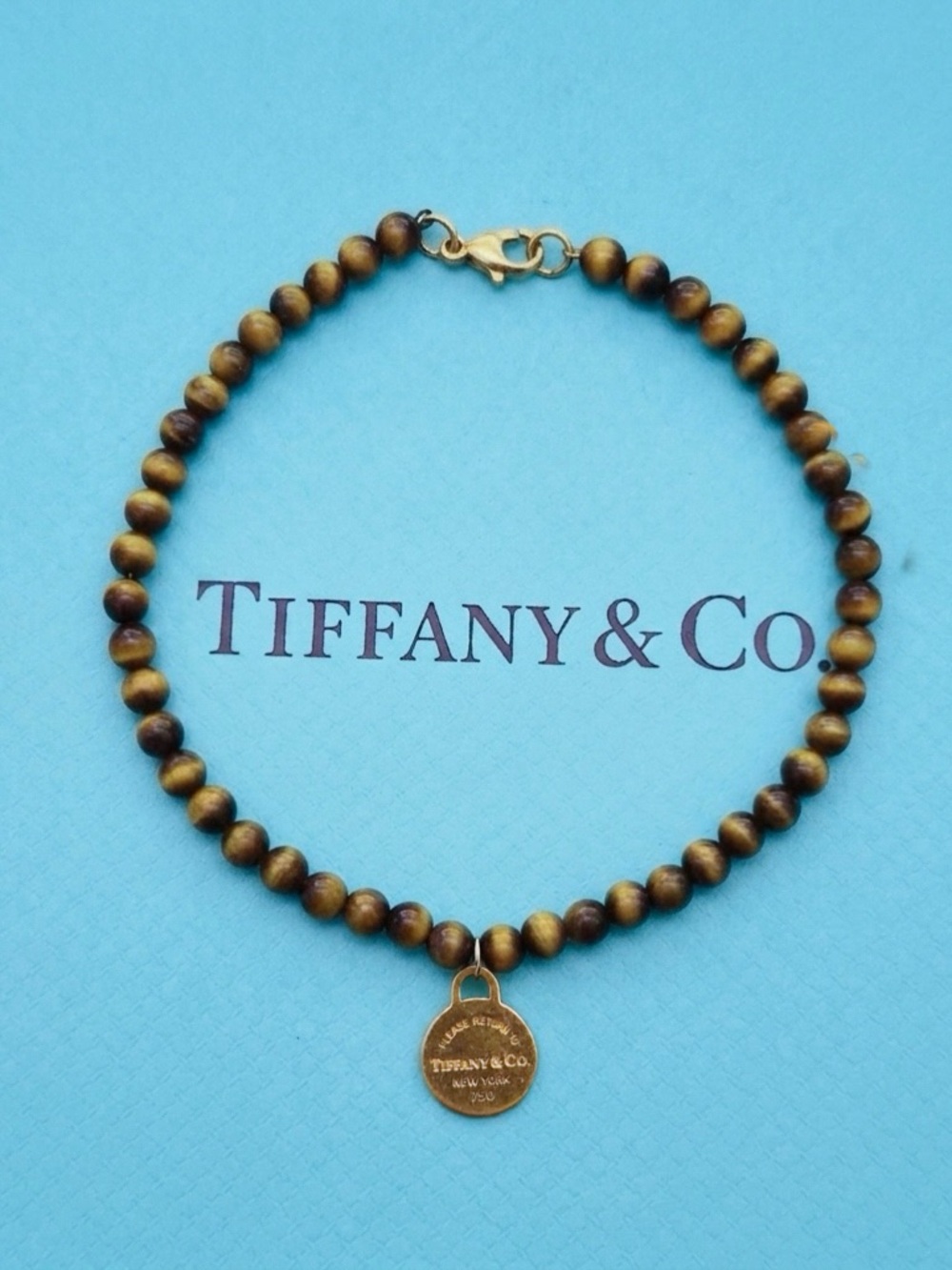 RARE Tiffany & Co. 18K Gold 4mm Tiger Eye Bead Bracelet Return To Tiffany Tag
